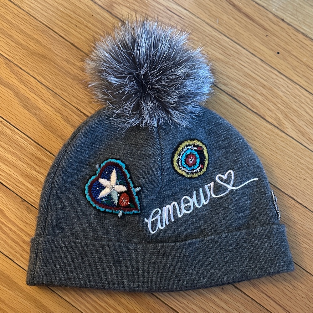 Cinq a Sept Gray Beanie with Colorful Embroidery and Pom-Pom